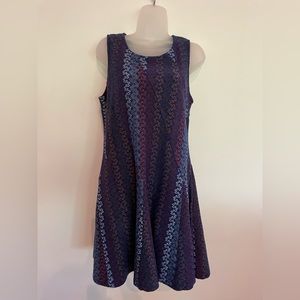 Hem & Thread navy blue dress with orange, gold and white stitching, size large